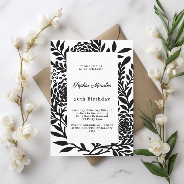 Invitación Cumpleaños botánico blanco negro (Subido por el creador)