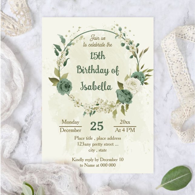 Invitación cumpleaños botánico de flores blancas verdes de sa (Subido por el creador)