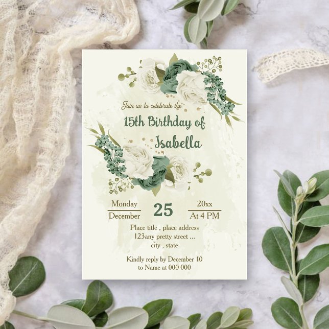 Invitación cumpleaños botánico de flores blancas verdes de sa (Subido por el creador)