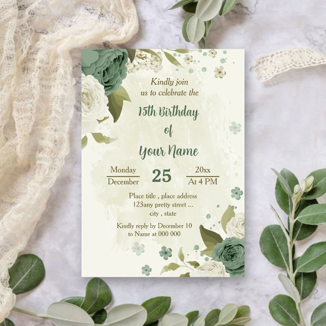 Invitación cumpleaños botánico de flores blancas verdes de sa (Subido por el creador)