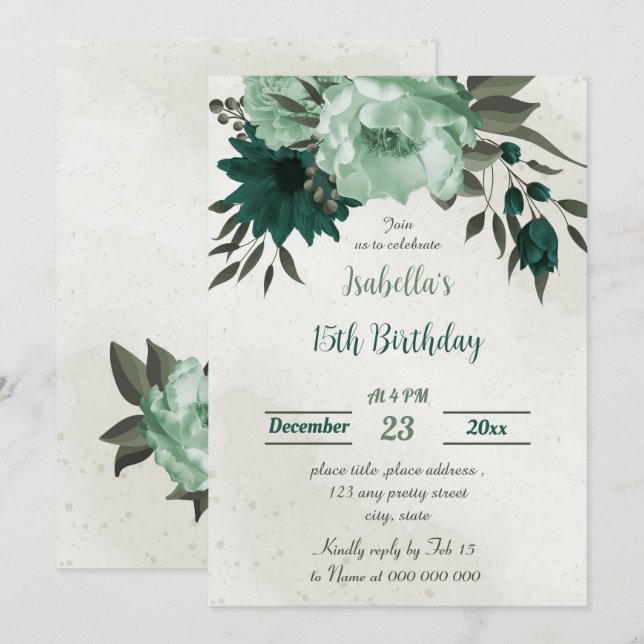 Invitación cumpleaños botánico de flores verdes esmeraldas (Anverso / Reverso)