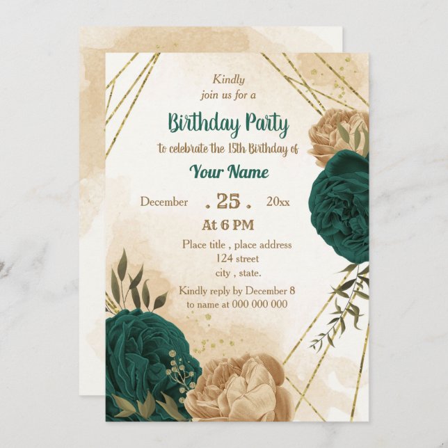 Invitación Cumpleaños botánico de oro beige verde esmeralda (Anverso / Reverso)