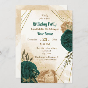 Invitación Cumpleaños botánico de oro beige verde esmeralda