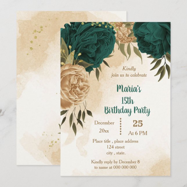 Invitación Cumpleaños botánico de oro beige verde esmeralda (Anverso / Reverso)