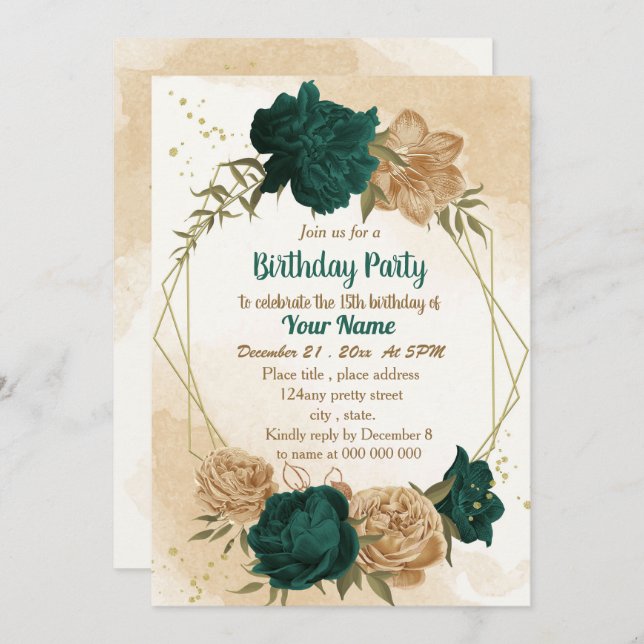 Invitación Cumpleaños botánico de oro beige verde esmeralda (Anverso / Reverso)