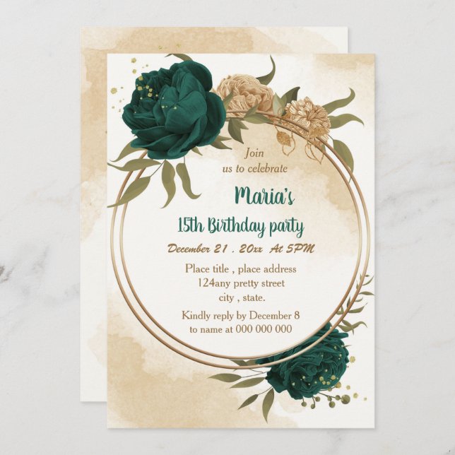 Invitación Cumpleaños botánico de oro beige verde esmeralda (Anverso / Reverso)