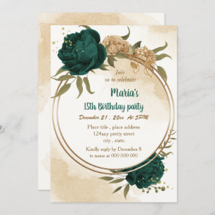 Invitación Cumpleaños botánico de oro beige verde esmeralda