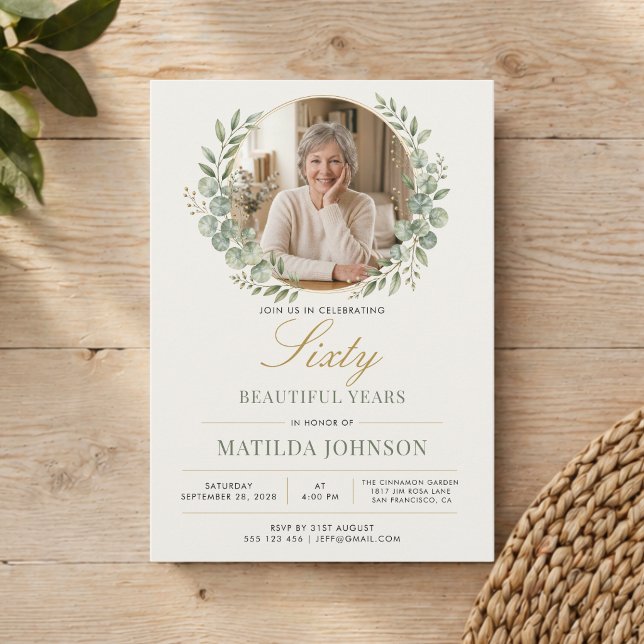 Invitación Cumpleaños Botánico Elegante de 60 Años (Elegant Photo Botanical 60th Birthday Invitation)