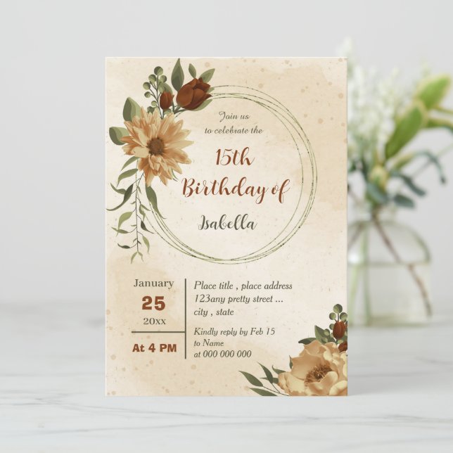 Invitación cumpleaños botánico floral de terracota rústica (Anverso de pie)
