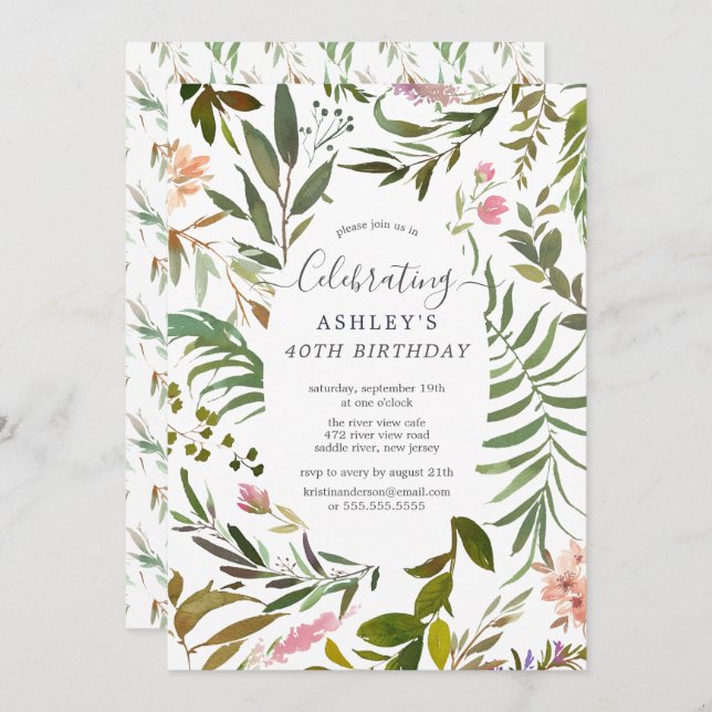 Invitación Cumpleaños Botánico Floral Watercolor (Anverso / Reverso)