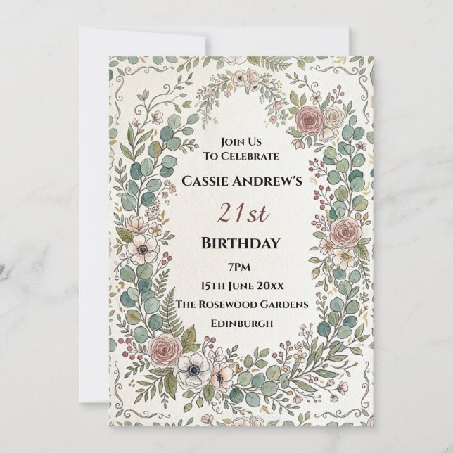 Invitación Cumpleaños Botánico Gris Hito (Anverso)