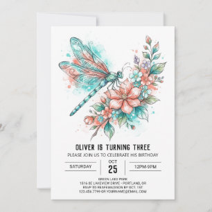 Invitación Cumpleaños Botánico Libélula Coral