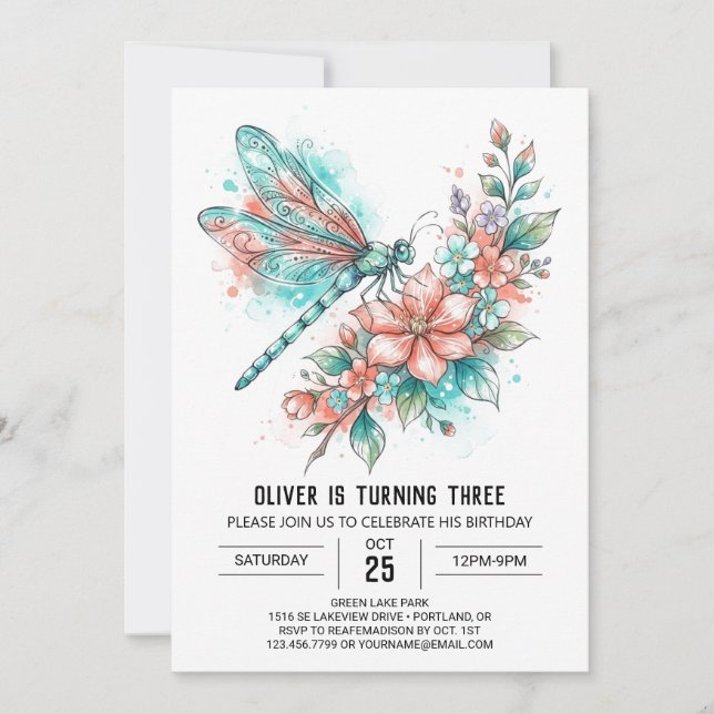 Invitación Cumpleaños Botánico Libélula Coral (Anverso)