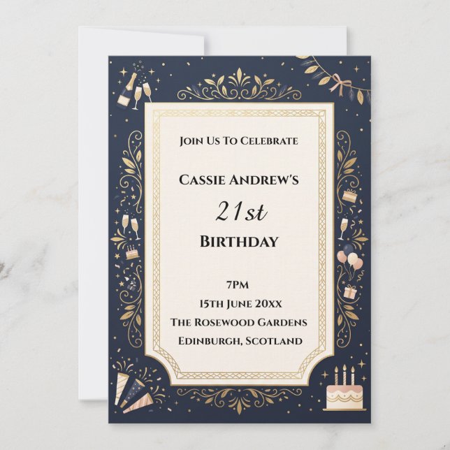 Invitación Cumpleaños Botánico Militar Dorado Hito (Anverso)