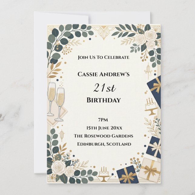 Invitación Cumpleaños Botánico Militar Dorado Hito (Anverso)