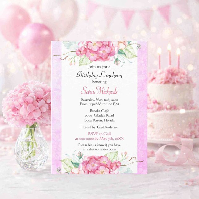 Invitación Cumpleaños Botánico Rosa Elegante (Celebrate in style with this watercolor floral birthday luncheon invitation featuring pink hydrangea)