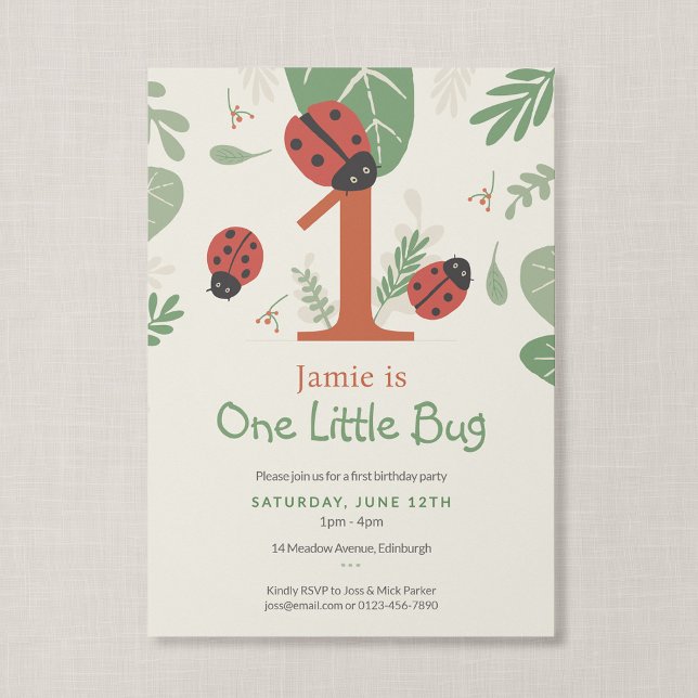 Invitación Cumpleaños Boutique de Mariquita One Little Bug (Ladybird Meadow - One Little Bug Invitation, Front)