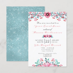 Invitación Cumpleaños Bridal Floral Pink Bohemian Sparkly Aqu