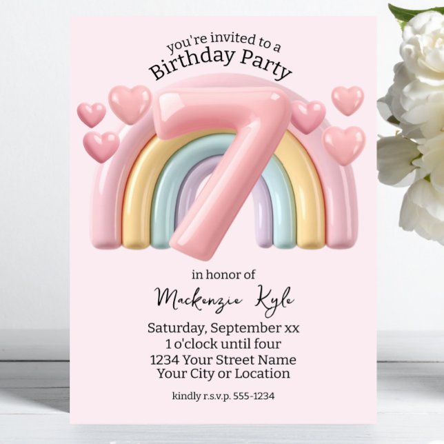 Invitación Cumpleaños brillante 3D arcoíris 7 para niña rosa (Subido por el creador)