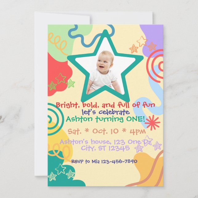 Invitación Cumpleaños brillante, audaz y divertido (Anverso)