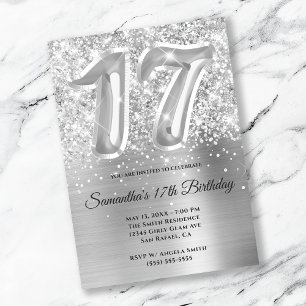 Invitación Cumpleaños Brillante Glamuroso Plateado 17