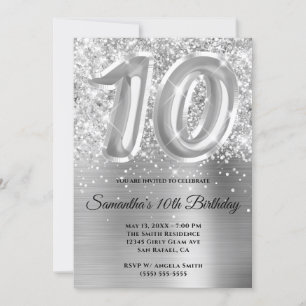 Invitación Cumpleaños Brillante Glitter Plateado 10