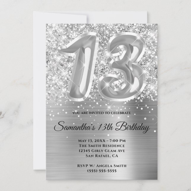 Invitación Cumpleaños Brillante Glitter Plateado Glam 13 (Anverso)