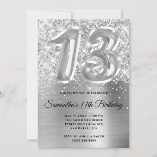 Invitación Cumpleaños Brillante Glitter Plateado Glam 13