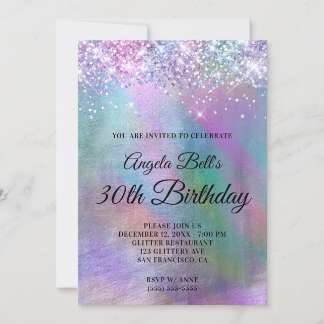 Invitación Cumpleaños Brillante Iridescente con Purpurina de  (Anverso)