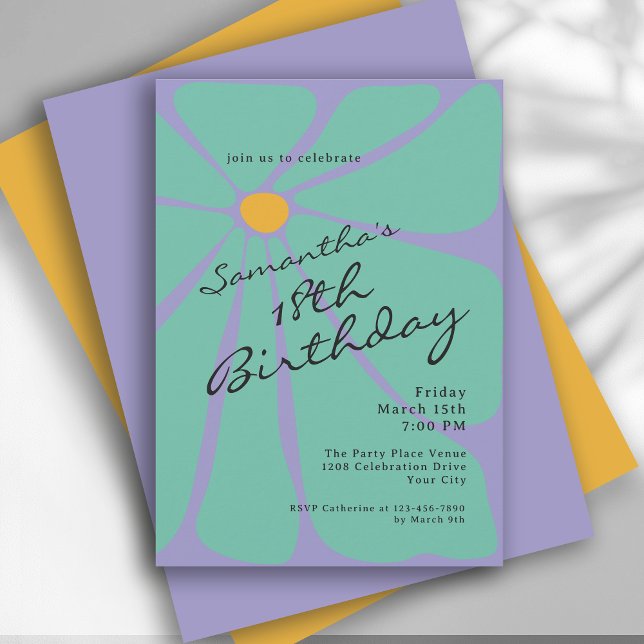 Invitación Cumpleaños Brillante Retro Flower Power 18 (Available in both printed and instant download digital formats.)