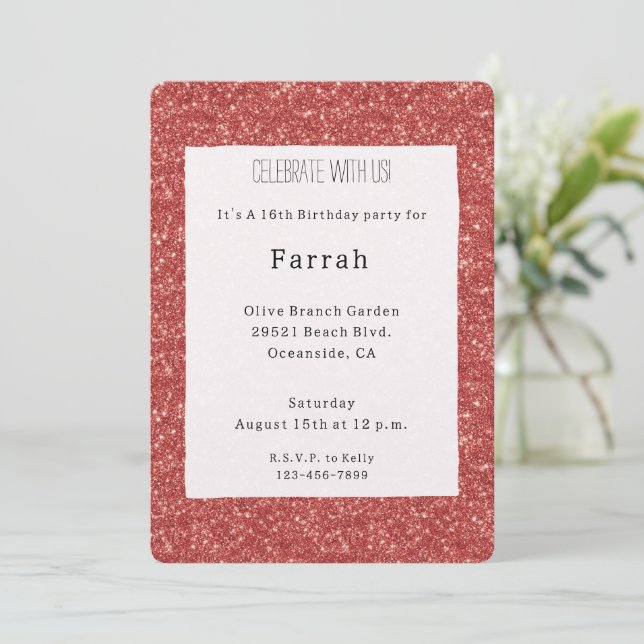 Invitación Cumpleaños Brillo Chispa Rojo   (Anverso de pie)