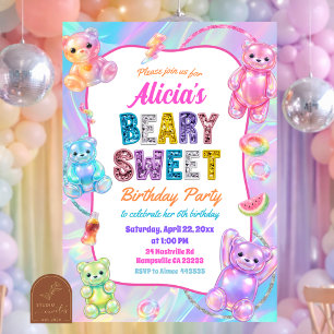 Invitación Cumpleaños Brillo Colorido Arcoíris Osito Dulce
