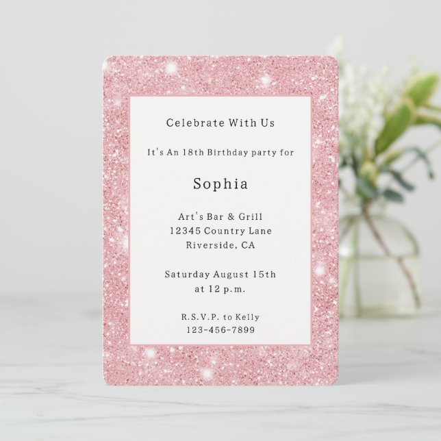 Invitación Cumpleaños Brillo Destello Rosa Bonito   (Anverso de pie)