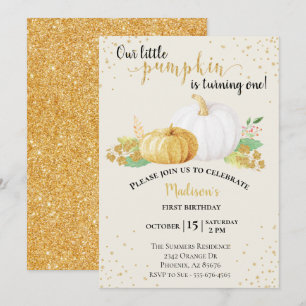 Invitación Cumpleaños  Brillo Dorado Calabaza Blanca Otoño Ca
