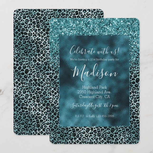 Invitación Cumpleaños Brillo Leopardo Azul Turquesa Azul Teal (Anverso / Reverso)