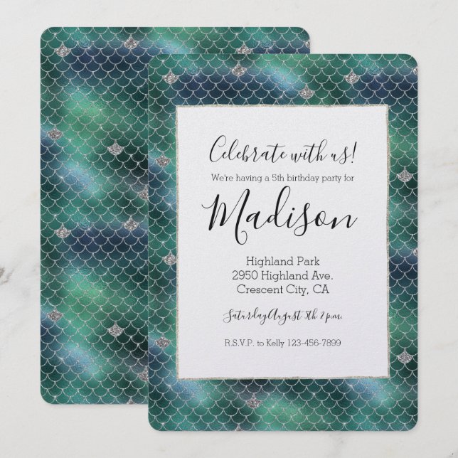 Invitación Cumpleaños Brillo Océano Turquesa Sirena Plata (Anverso / Reverso)