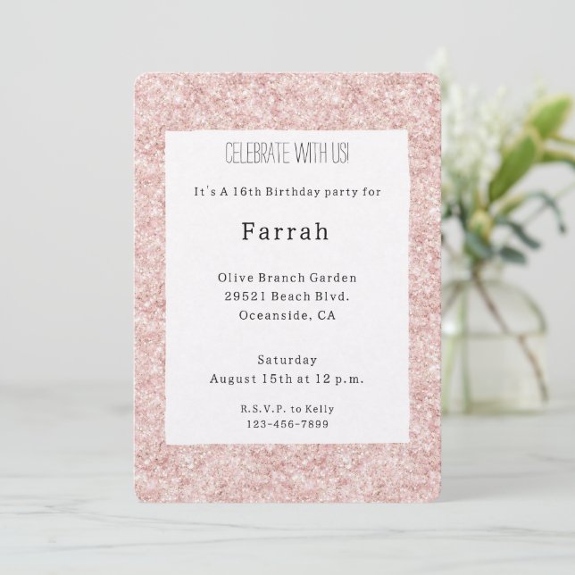 Invitación Cumpleaños Brillo Rosa Rubor Bonito   (Anverso de pie)