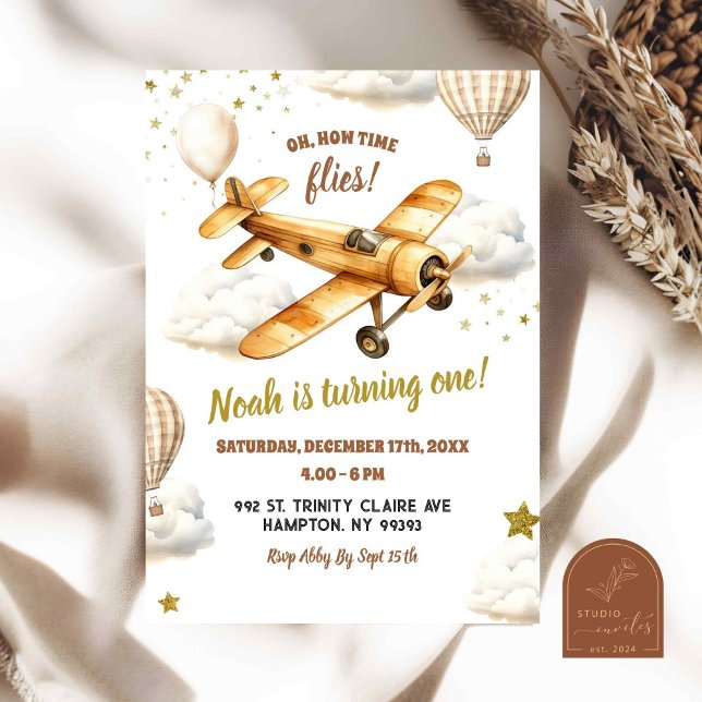 Invitación Cumpleaños Brown Avión Vintage El Tiempo Vuela Pri (Subido por el creador)