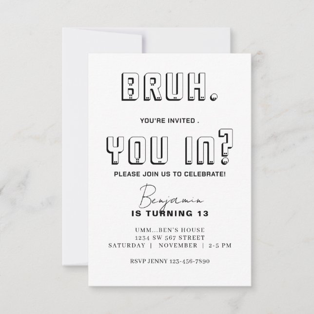 Invitación Cumpleaños Bruh monocromático Bruh (Anverso)