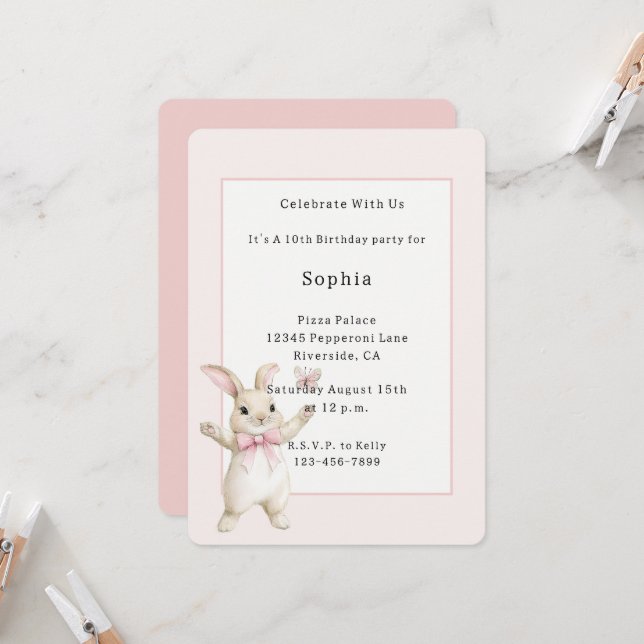 Invitación Cumpleaños Bunny Butterfly Blush Rosa (Anverso/Reverso In Situ)