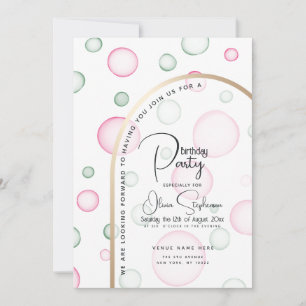 Invitación Cumpleaños Burbujas rosas y verdes divertidas