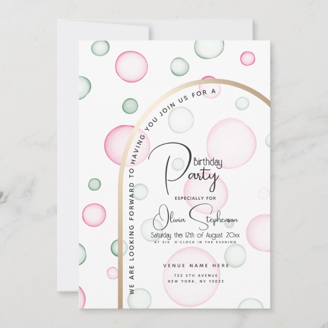 Invitación Cumpleaños | Burbujas rosas y verdes divertidas (Anverso)
