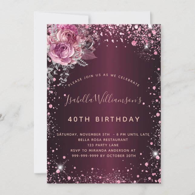 Invitación Cumpleaños burgundy purpurina rosa polvo floral (Anverso)
