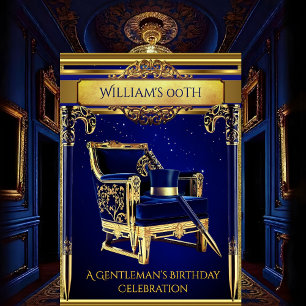 Invitación Cumpleaños Caballeros Elegantes Art Deco Oro Marin