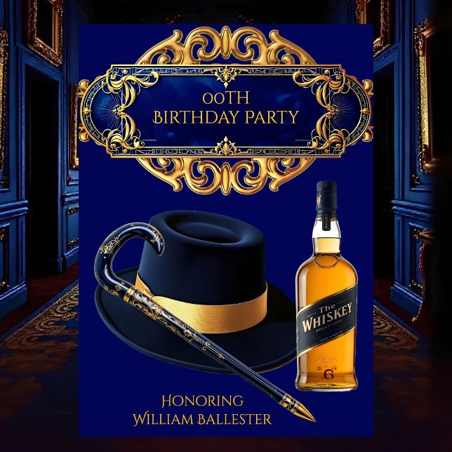 Invitación Cumpleaños Caballeros Sombrero Bastón Whisky Oro A (Subido por el creador)