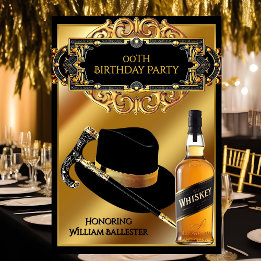 Invitación Cumpleaños Caballeros Sombrero Caña Whisky Oro Neg
