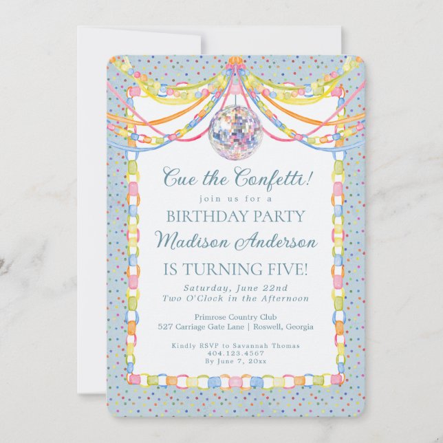Invitación Cumpleaños Cadena de Papel Confeti Azul (Anverso)