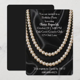 Invitación Cumpleaños Cadena de Perlas sobre Seda Negra