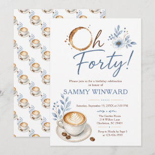 Invitación Cumpleaños Café Floral Azul Oh Cuarenta