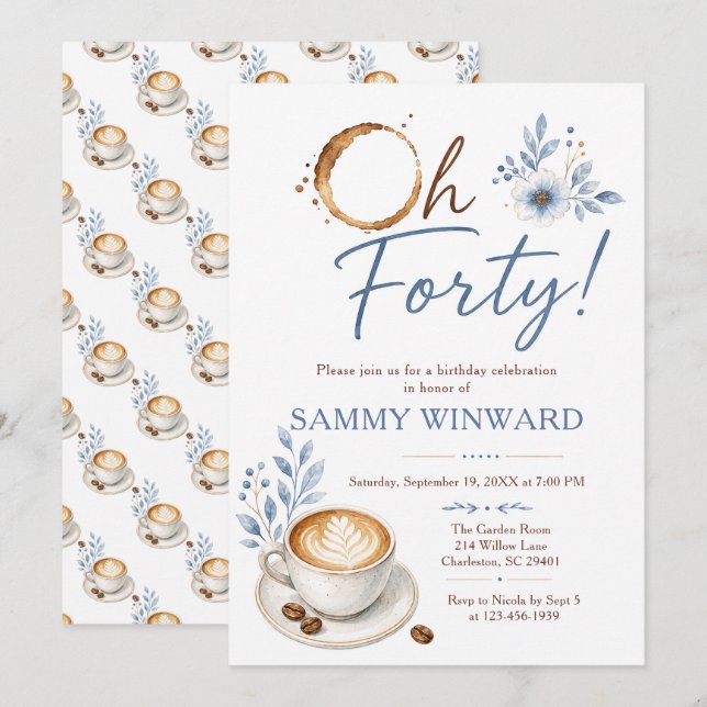 Invitación Cumpleaños Café Floral Azul Oh Cuarenta (Anverso / Reverso)